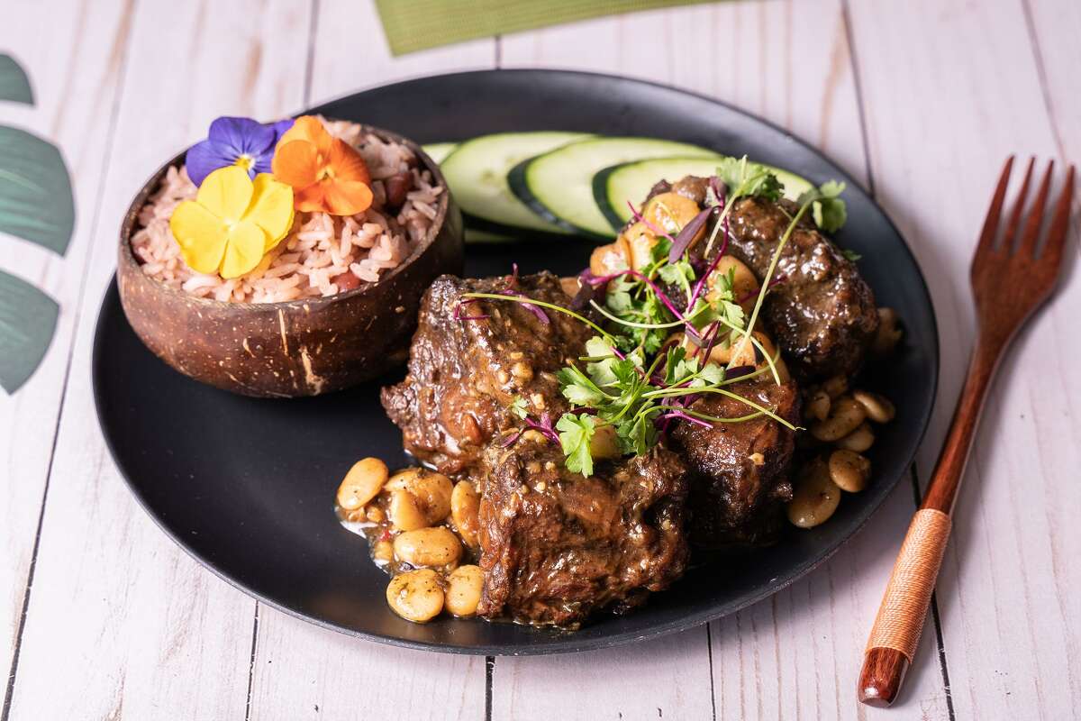 Slow-cooked oxtail with rice and peas from Island Taste, a new Caribbean restaurant in San Jose.