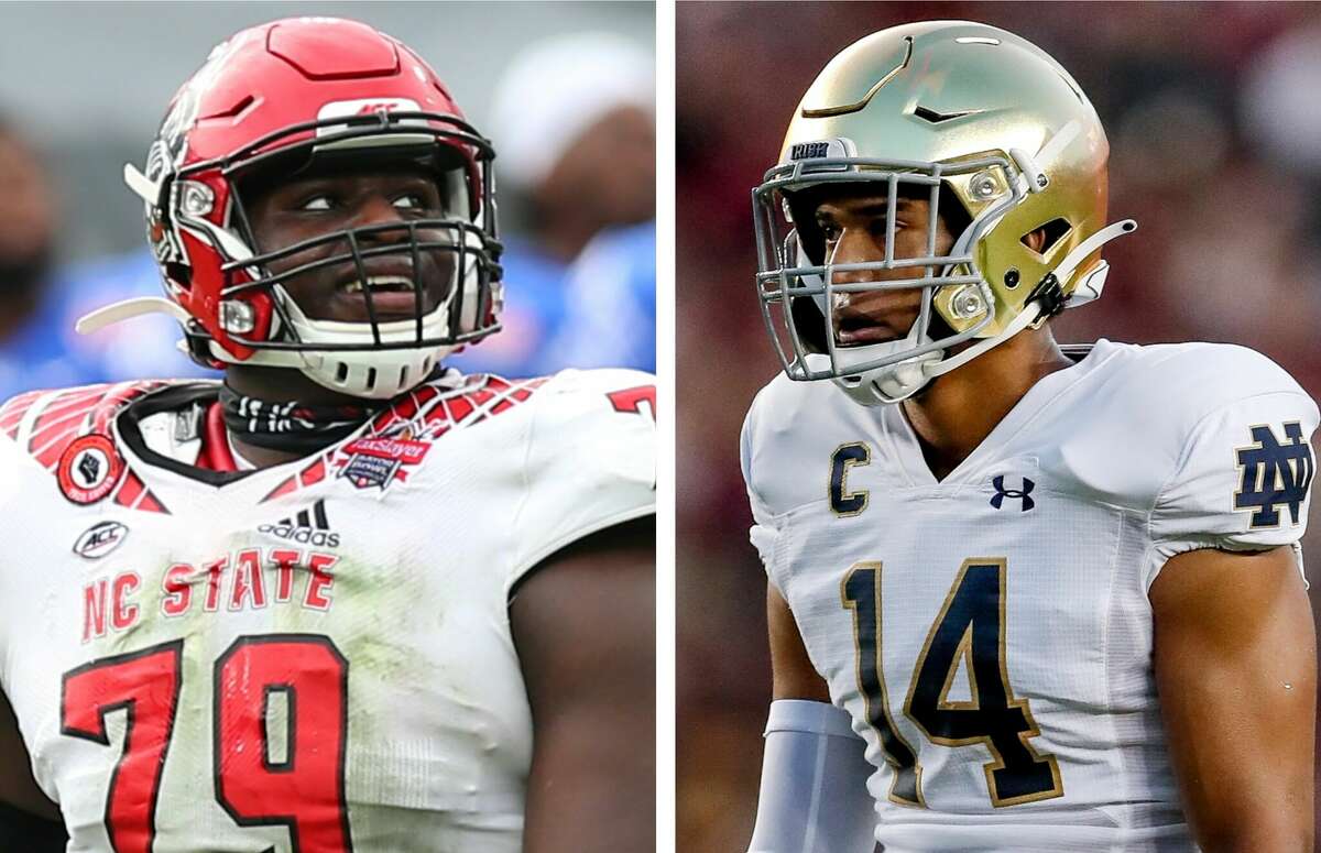 Multiple mock drafts have the Texans walking away with North Carolina State offensive tackle Ickey Ekwonu (left) and Notre Dame safety Kyle Hamilton (right) in the first round of the 2022 NFL Draft.