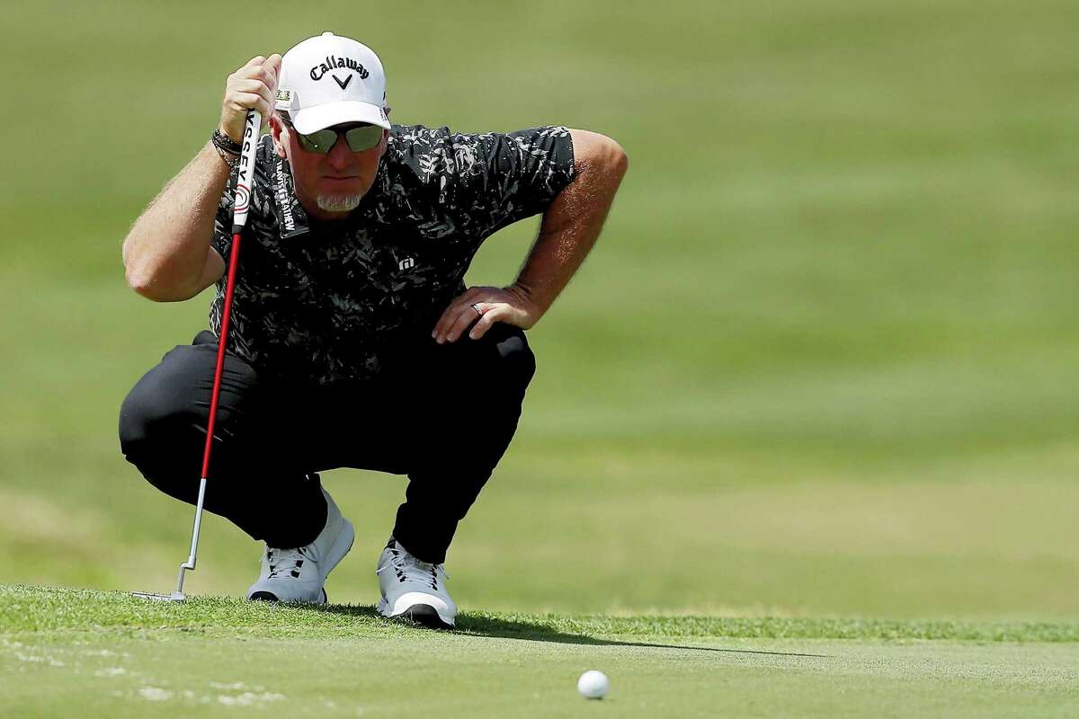 BILOXI, MISSISSIPPI - APRIL 01: David Duval of the United States looks over an upcoming putt on the fifth hole during the first round of the Rapiscan Systems Classic at Grand Bear Golf Club on April 01, 2022 in Biloxi, Mississippi. (Photo by Mike Mulholland/Getty Images)