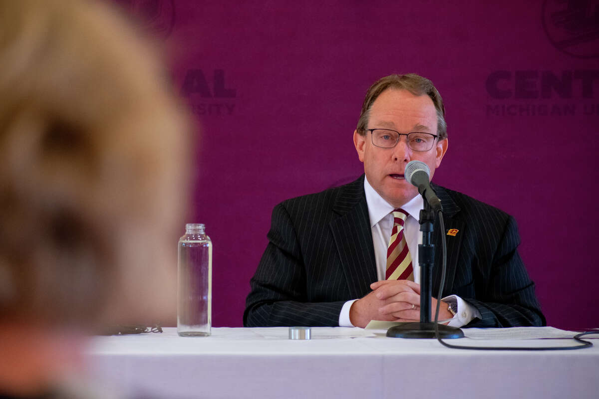 CMU President Bob Davies answers questions from reporters during a press conference addressing the federal investigation into the removal of the men's track and field team on Thursday, April 28, 2022 in Powers Hall at Central Michigan University.