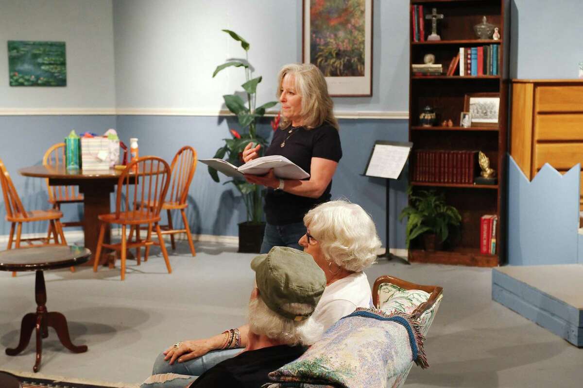 “The Bold and the Bob” author and director, Jean Ciampi, observes a scene during rehearsal at the Pasadena Little Theater. The Woodlands resident got the idea for the comedy after meeting people living near her mother’s apartment after the mother’s death.
