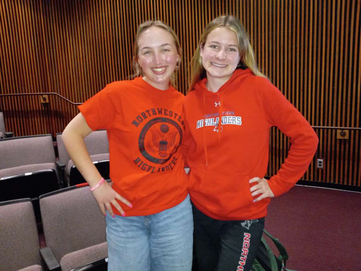 Meghan Mahoney, left, and Alexa Yacawych, both seniors at Northwestern Region 7 High School, attended Thursday's meeting with Gov. Ned Lamont. Mahoney is wearing a T-shirt given to the group of students, announcing that the school was named a Blue Ribbon School, a national award. Mahoney plans to attend Temple University in the fall; Yacawych plans to attend the U.S. Naval Academy.