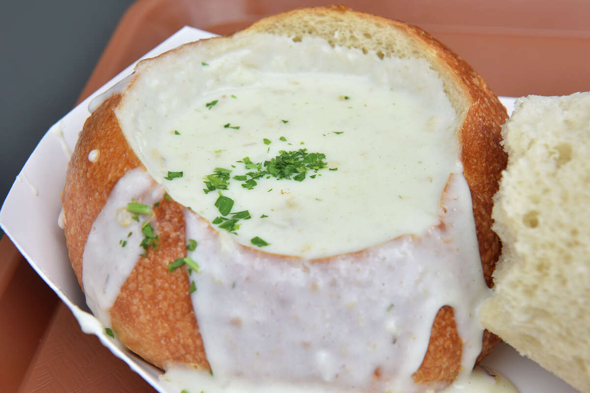 Boudin's famous clam chowder in a sourdough bread bowl.
