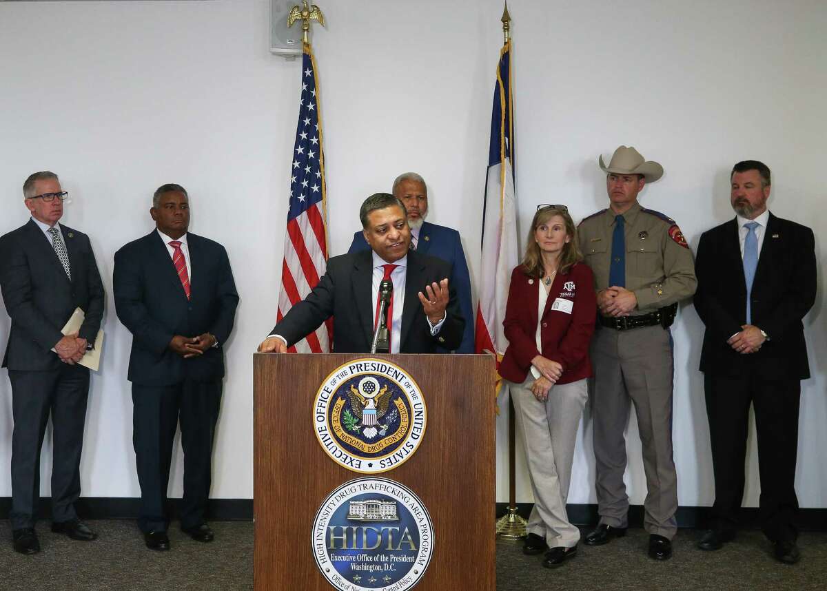 Rahul Gupta, director of the White House Office of National Drug Control Policy, announces the allocation of $275 million as part of President Joe Biden’s National Drug Control Strategy during a press conference at Houston Police Department Headquarters on Thursday, April 28, 2022, in Houston.