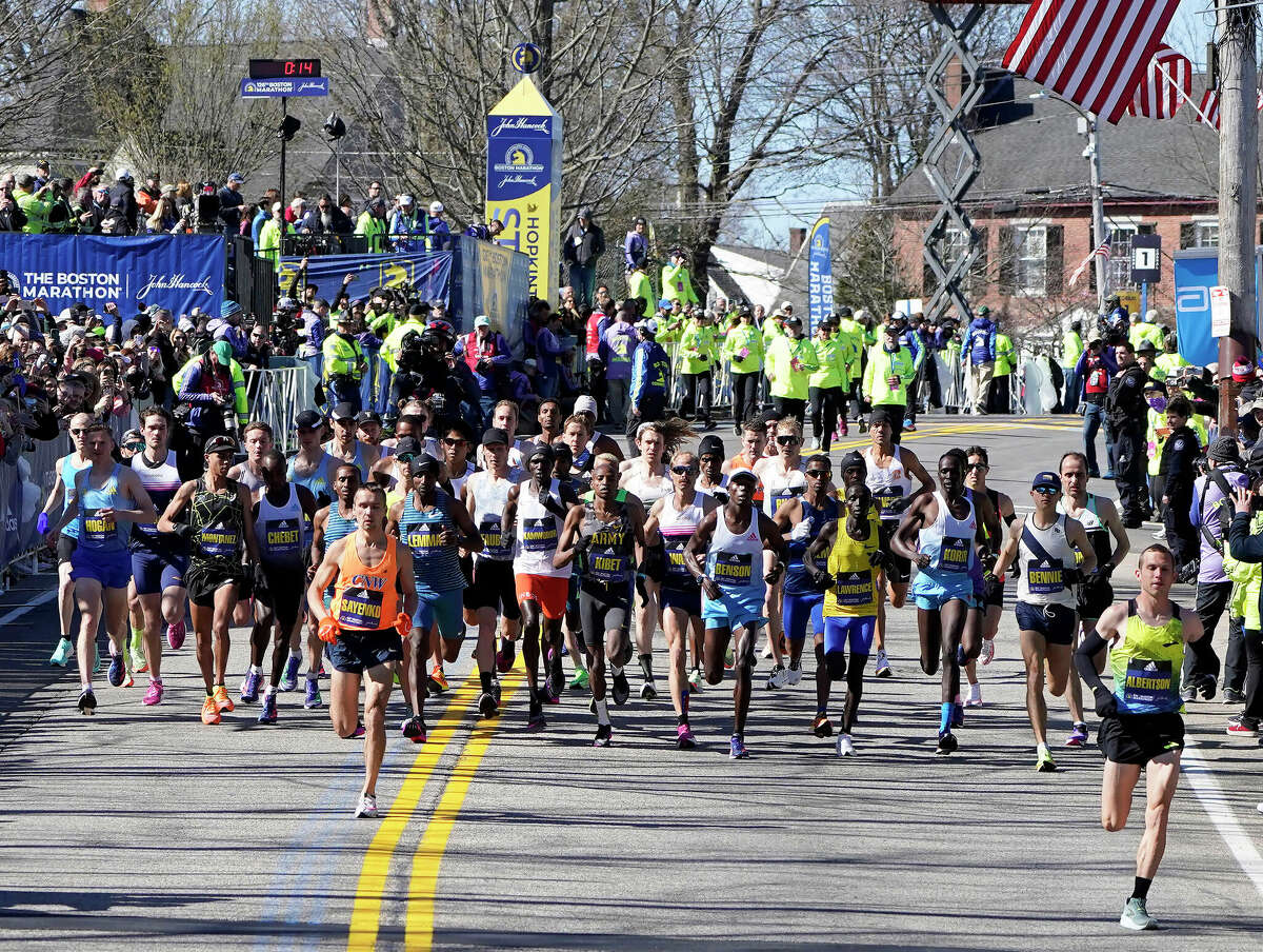 The elite men make their way at the beginning of the course of the 126th Boston Marathon on April 18 in Hopkinton, Mass.  