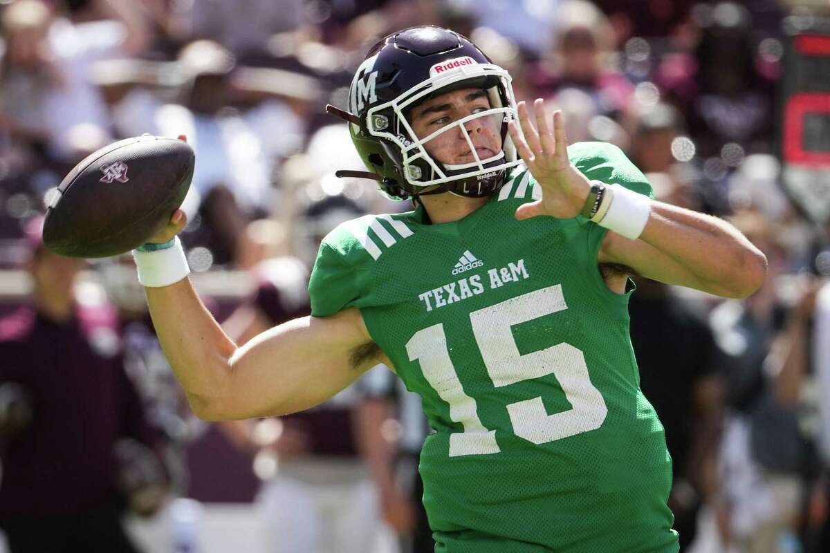 Texas A&M quarterback Conner Weigman throws a pass during the second half of the Maroon and White football game at Kyle Field Saturday, April 9, 2022, in College Station.