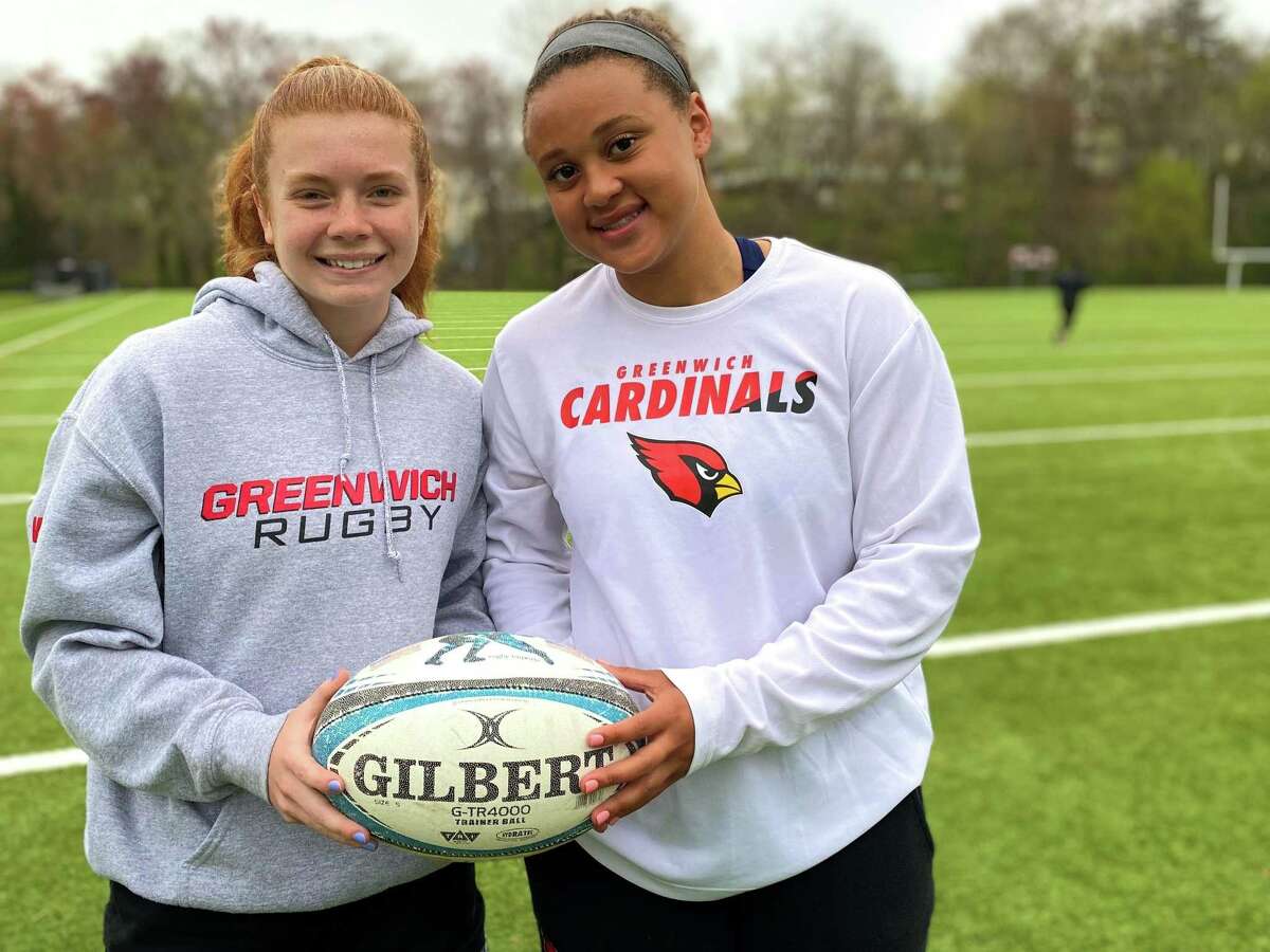 Greenwich girls rugby captains Nicole Winn and Ashley Torres-Brown at practice on Tuesday, April 26, 2022. Winn and Torres-Brown are among the seniors who were the first to play varsity rugby as freshmen.