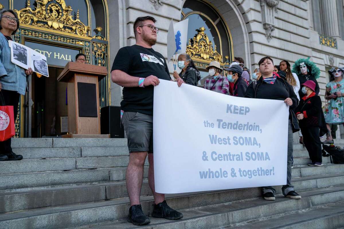 Protesters gather in front of City Hall in San Francisco in opposition to the redistricting of their communities on April 6.