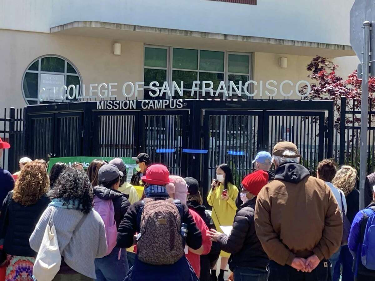 City College of San Francisco faculty and students rally at the Mission District campus, hoping to save dozens of English language instructors. Their jobs are among 130 across the college that the administration wants to cut for the 2022 to 2023 academic year.