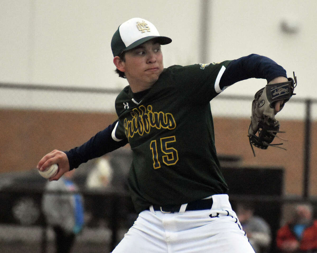 Father McGivney's Clayton Hopfinger delivers a pitch against Mulberry Grove on Thursday in Glen Carbon.