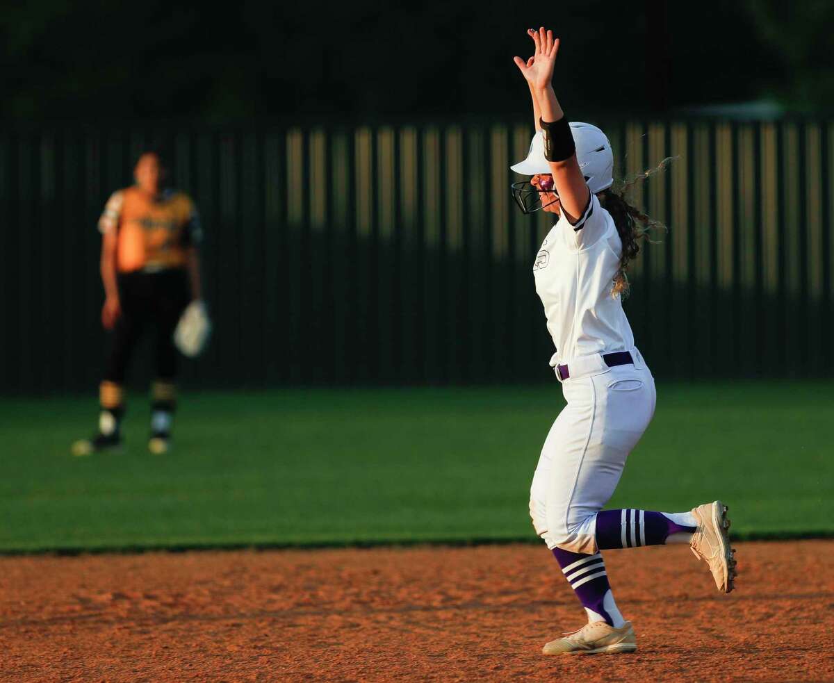 Hannah Hartman #7 of Willis reacts after hitting a solo home run to kick off a seven-run second inning for the Lady Wildkats during a Region III-6A high school softball bi-district playoff game at Willis High School, Thursday, April 28, 2022, in Willis.