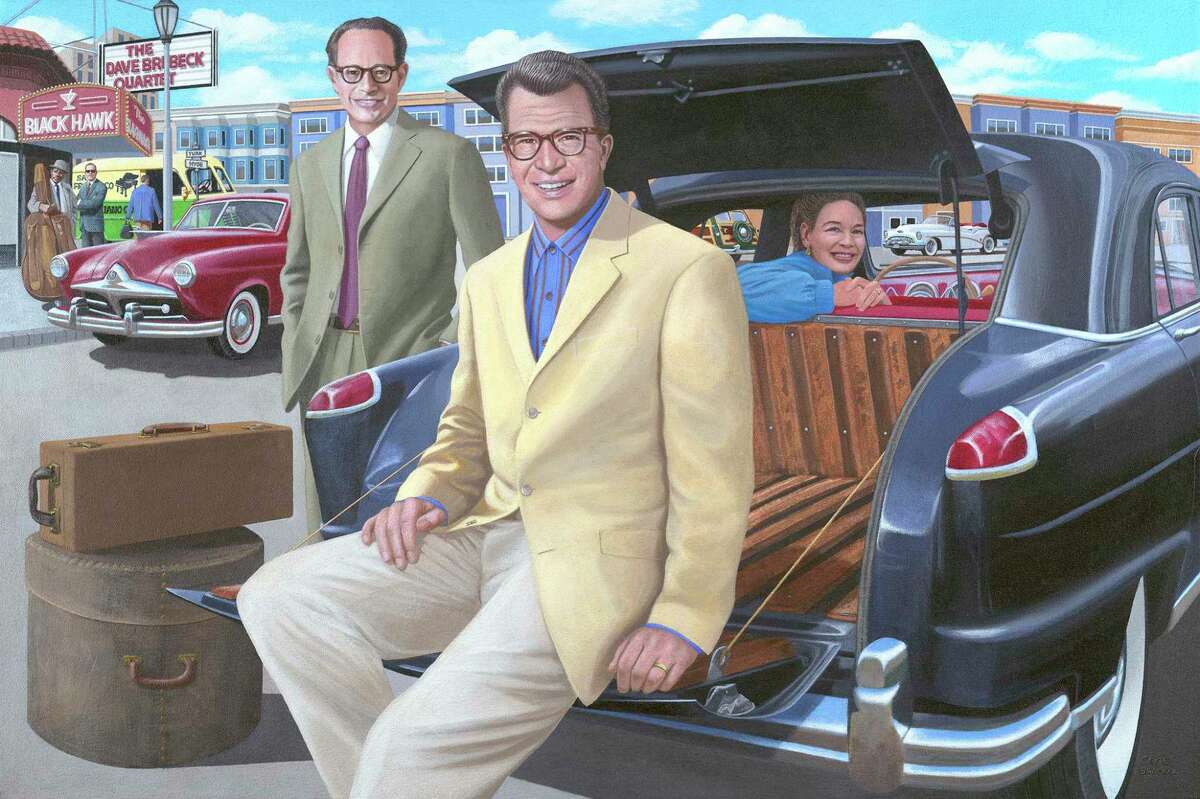 Members of the Dave Brubeck Quartet and Brubeck’s wife, Iola Brubeck, outside S.F.’s Blackhawk jazz club in a painting by Chris Osborne.