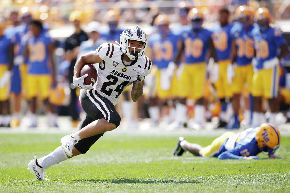 Western Michigan Broncos wide receiver Skyy Moore (24) runs the ball into the end zone for a 30-yard touchdown after a reception against the Pittsburgh Panthers during a college football game on Sept. 18, 2021 at Heinz Field in Pittsburgh, Pennsylvania.