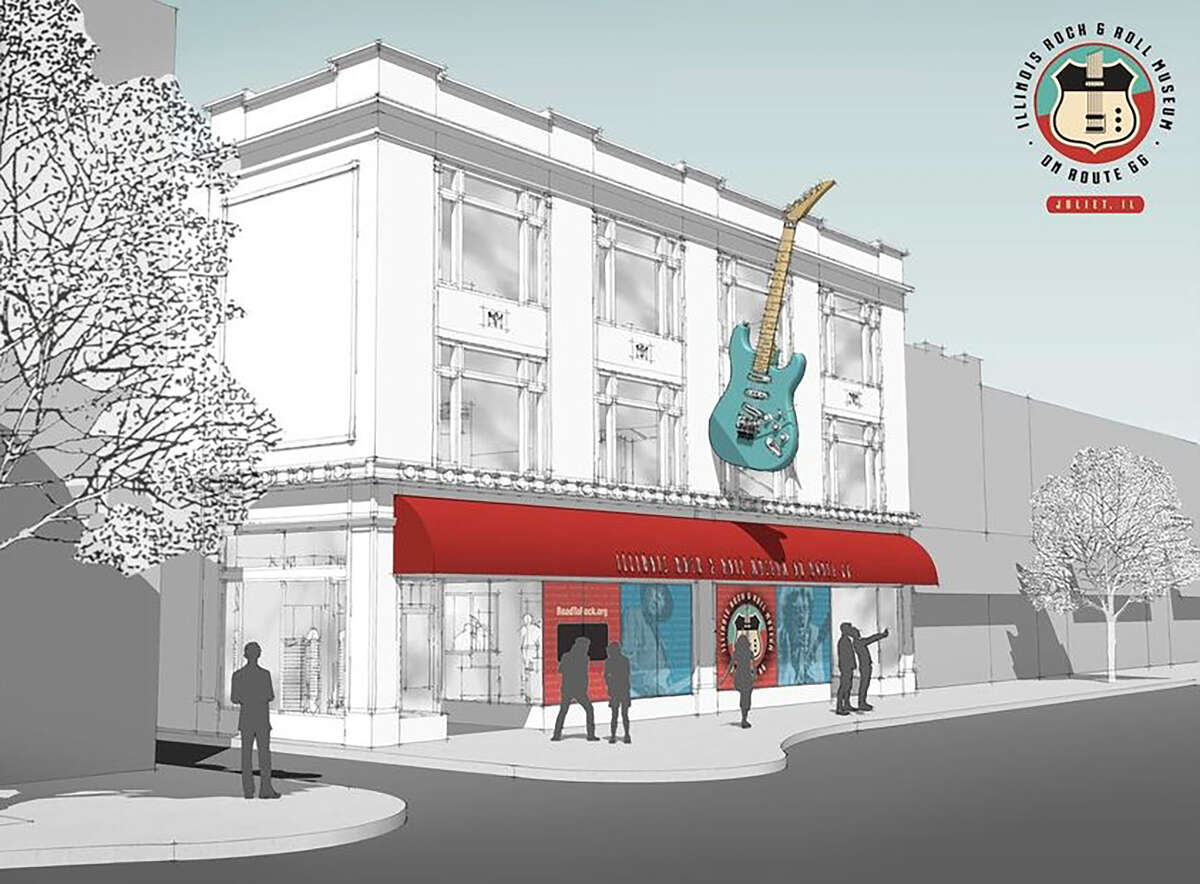 An architectural rendering shows the Illinois Rock & Roll Museum on Route 66. A historic building in Joliet is being renovated to house the museum, which will focus on all aspects and genres of Illinois music. 