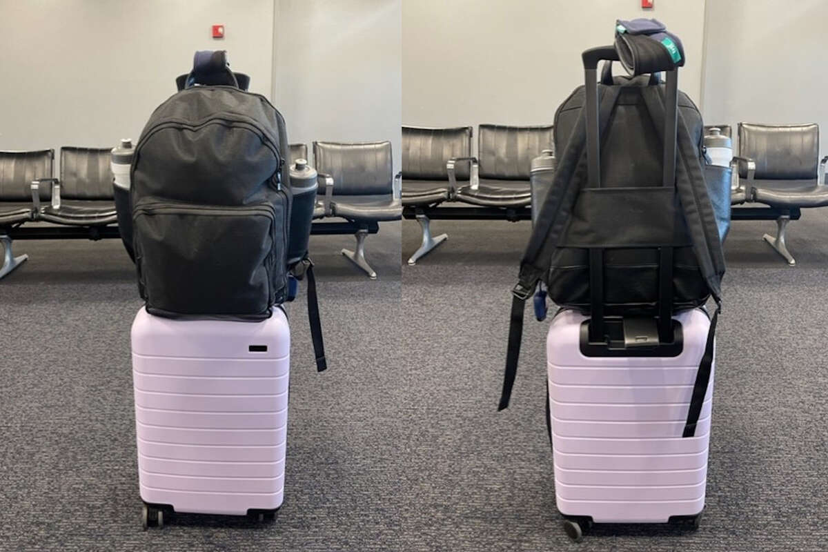 There's a sleeve on the back of this backpack that you can slide over the handle of your rolling lugge for easy travel.