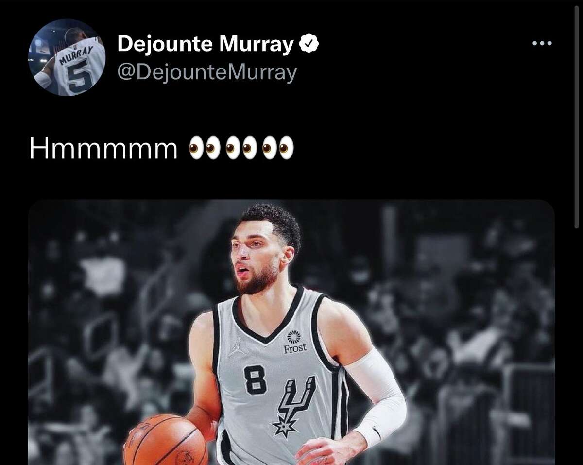 Dejounte Murray tweeted a doctored photo of Chicago Bulls star Zach LaVine wearing a Spurs jersey on Thursday, April 28. The tweet has since been deleted. 