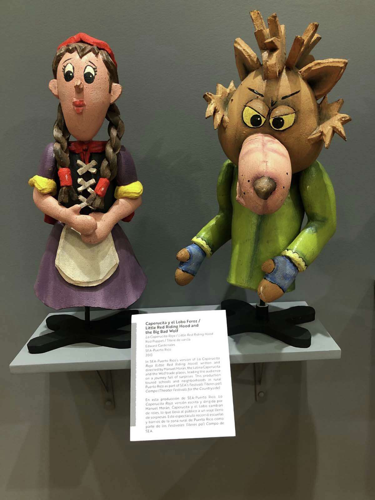 "Little Red Riding Hood" and the "Big Bad Wolf" are rod puppets by Edward Cardenales that were used in school and neighborhood performances in rural Puerto Rico.