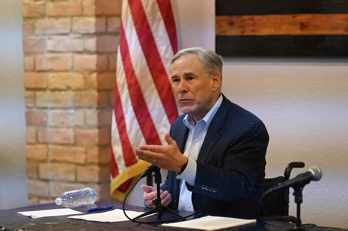 Gov. Greg Abbott speaks during a discussion with San Antonio law enforcement members and Texas Department of Public Safety Director Steve McCraw at the Deputy Sheriff’s Association of Bexar County on Thursday, April 21, 2022. He spoke about law enforcement funding, the border and illegal immigration, the busing of illegal immigrants to Washington DC, district attorneys who allegedly don’t prosecute certain crimes, and cartels using the TikTok platform to recruit.