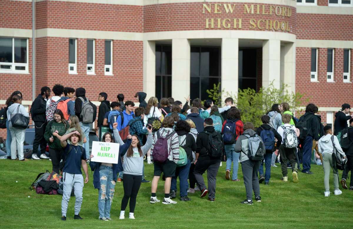 Students walked out of New Milford High School in response to the announcement last week of the resignation of principal Raymond Manka. Monday morning, April 25, 2022, New Milford, Conn. He ultimately rescinded his resignation.