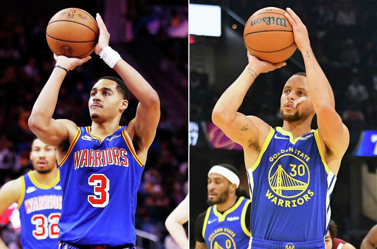 How Warriors’ Jordan Poole beat Stephen Curry in NBA free throw competition. A composite photos of Jordan Poole (left) of the Golden State Warriors shooting a free throw at Chase Center on February 12, 2022 in San Francisco, California and Stephen Curry (right) of the Golden State Warriors shooting a technical foul free throw at Rocket Mortgage Fieldhouse on November 18, 2021 in Cleveland, Ohio.