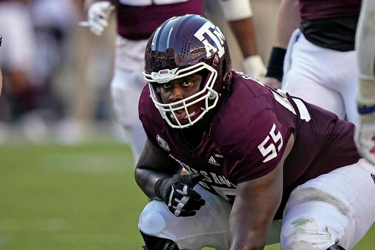 FILE - Texas A&M offensive lineman Kenyon Green (55) lines up against Auburn during the second half of an NCAA college football game Nov. 6, 2021, in College Station, Texas. (AP Photo/David J. Phillip, file)
