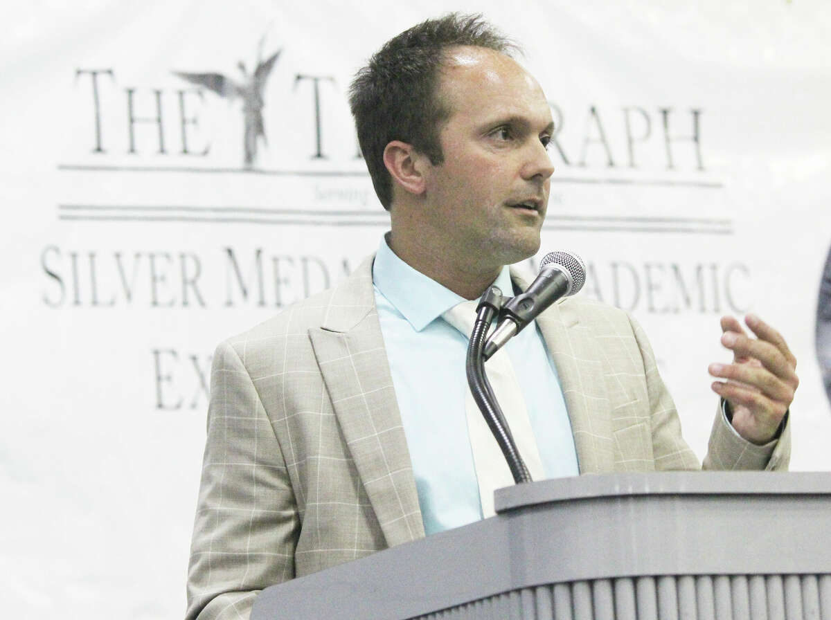 Doug Banwart, a teacher at Bunker Hill High School, talks after being named the 2022 Silver Medallion Teacher of the Year at the Silver Medallion Academic Excellence banquet, held Thursday at Lewis and Clark Community College.