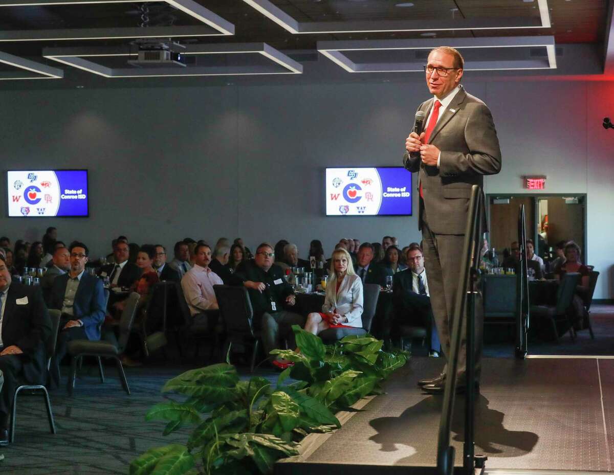 Conroe ISD Superintendent Curtis Null delivers his state of education speech as part of the Conroe ISD Education Foundation breakfast, Friday, April 29, 2022, in Shenandoah.