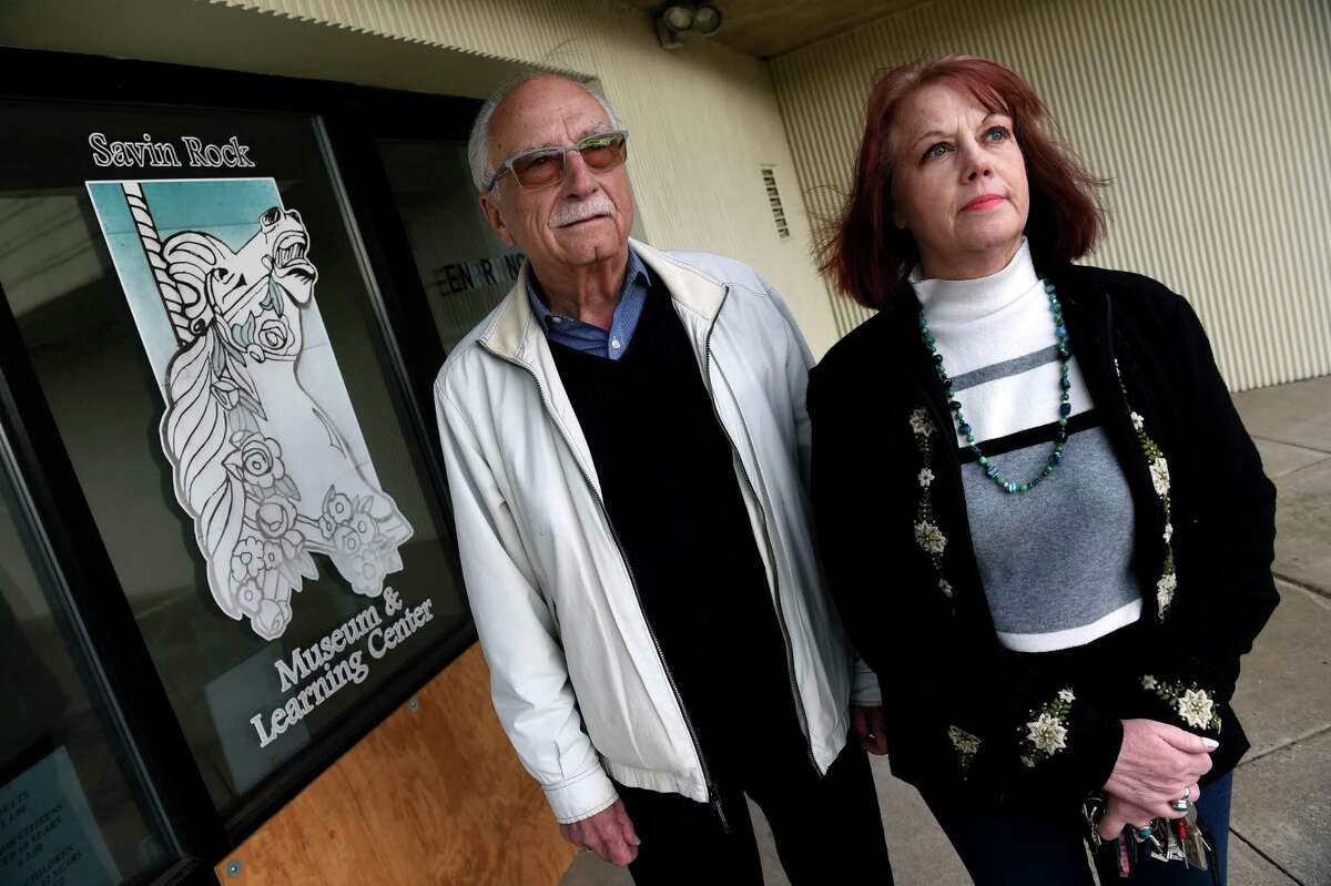 Michael Mercuriano, left, chairman of the Savin Rock Carousel Committee, and Carousel Committee member Chris Gallo are photographed outside the closed Savin Rock Museum and Learning Center in West Haven April 27, 2022.