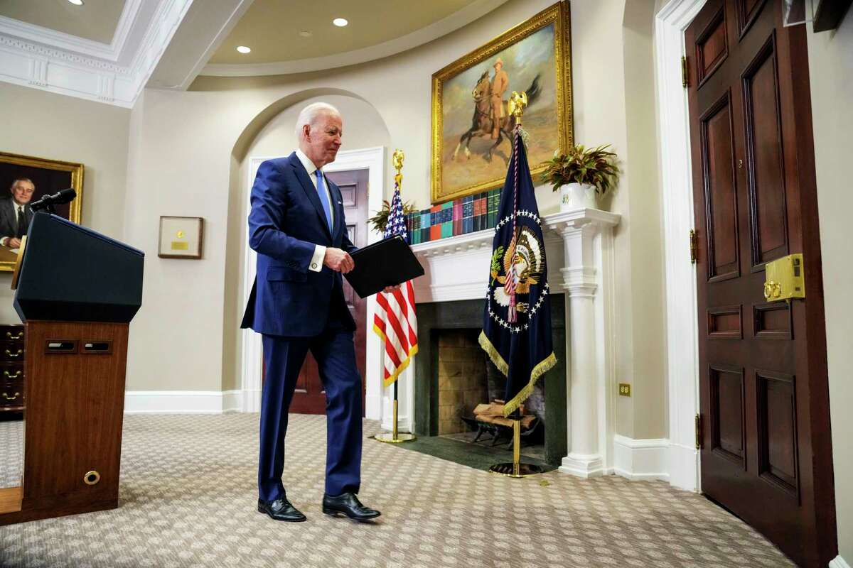 President Joe Biden in the Roosevelt Room of the White House in Washington, on Thursday, April 28, 2022. Biden said he was “taking a hard look” at debt forgiveness. “I’ll have an answer on that in the next couple of weeks,” he said. (Doug Mills/The New York Times)