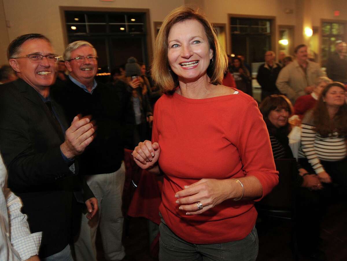 Laura Dancho smiles as she is introduced during the Republican victory party at the Riverview Bistro restaurant in Stratford, Conn. on Tuesday, November 7, 2017.