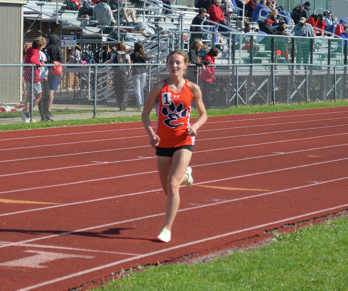 Emily Nuttall in the 3,200-meter run at the MadCo championships. She finished first with a new personal-record time of 11:35.72.
