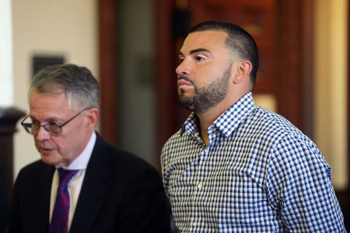 New Canaan Police Officer David Rivera appears during a bond hearing in Bridgeport Superior Court, in Bridgeport, Conn. April 29, 2022.