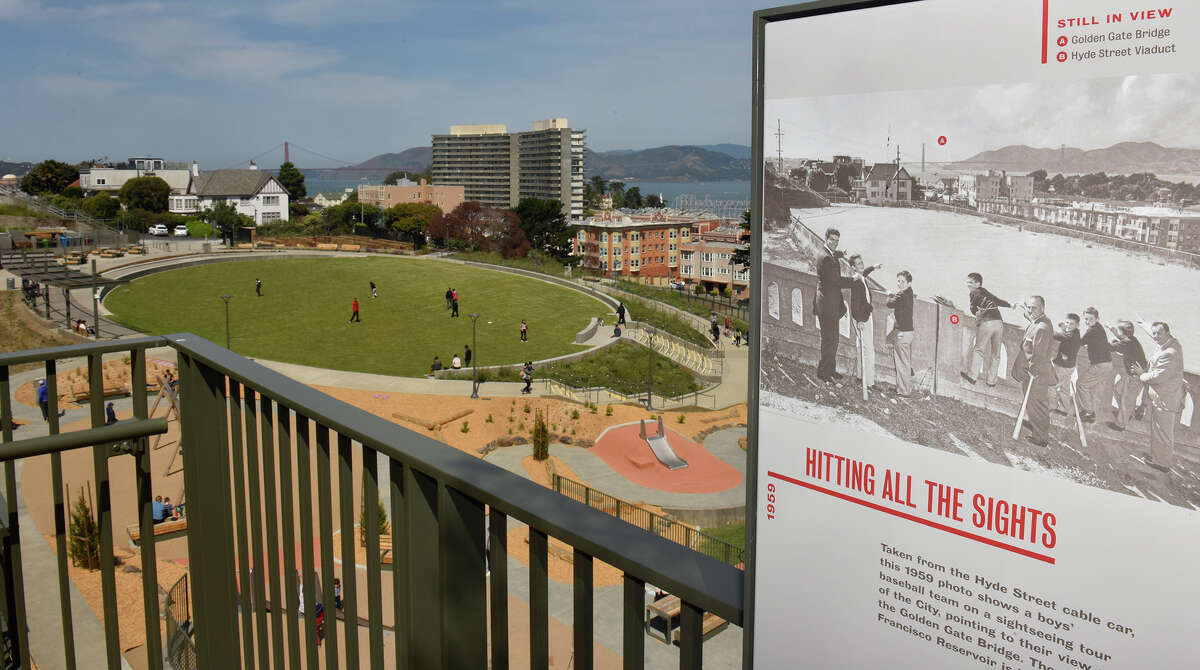 Signage at the very top of Francisco Park along Hyde Street shows a historical photo of when the area was once a city reservoir. 