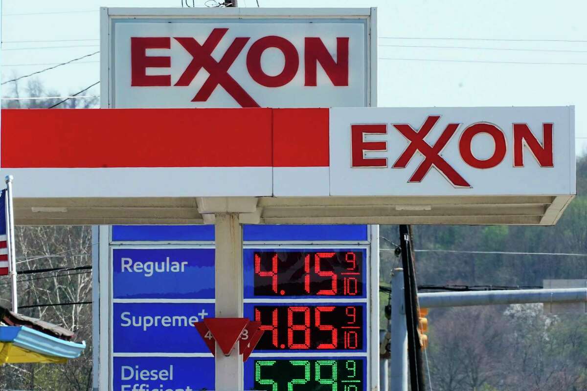 This is an Exxon station in Perryopolis, Pa, on Sunday, April 24, 2022. (AP Photo/Gene J. Puskar)