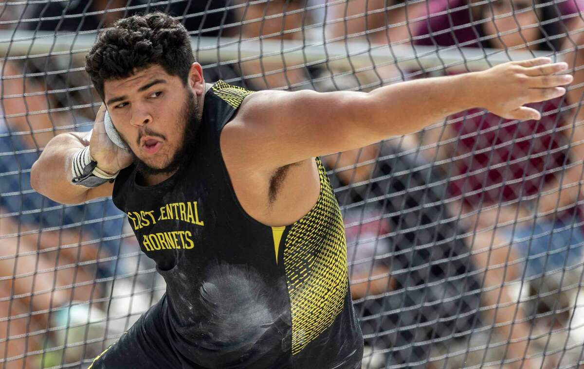 East Central’s Michael Pinones throws a shot April 29, 2022, during the Region IV-6A/5A track and field championship at Heroes Stadium. Pinones won the event with a city record distance of 65 feet, 9.25 inches.