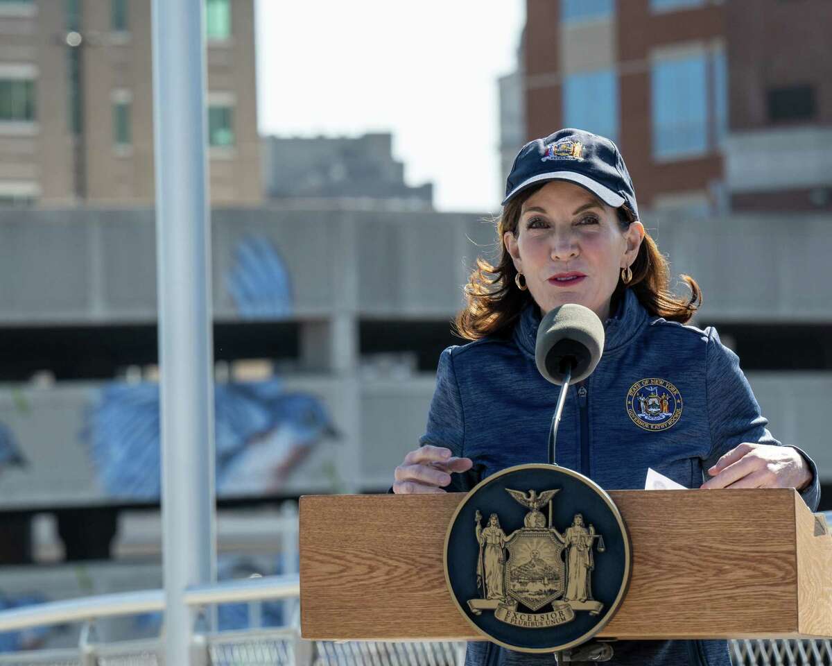 Gov. Kathy Hochul speaks during the ribbon cutting ceremony of the Albany Skyway on Friday, April 29, 2022 (Jim Franco/Special to the Times Union)