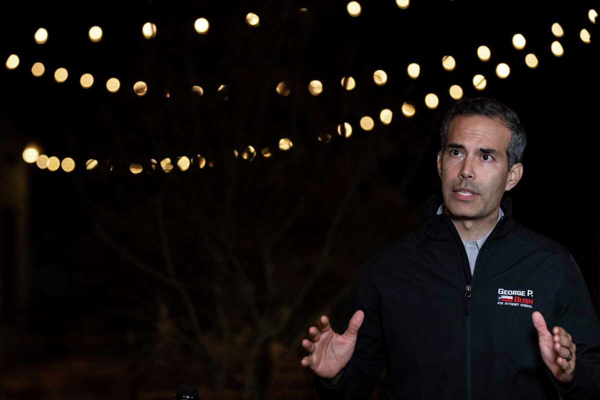 George P. Bush addresses the news media about the growing possibility that he will be in a May runoff with incumbent Attorney General Ken Paxton during his election night watch party at Central Machine Works, a microbrewery and food hall, in Austin, Texas, Tuesday, March 1, 2022.