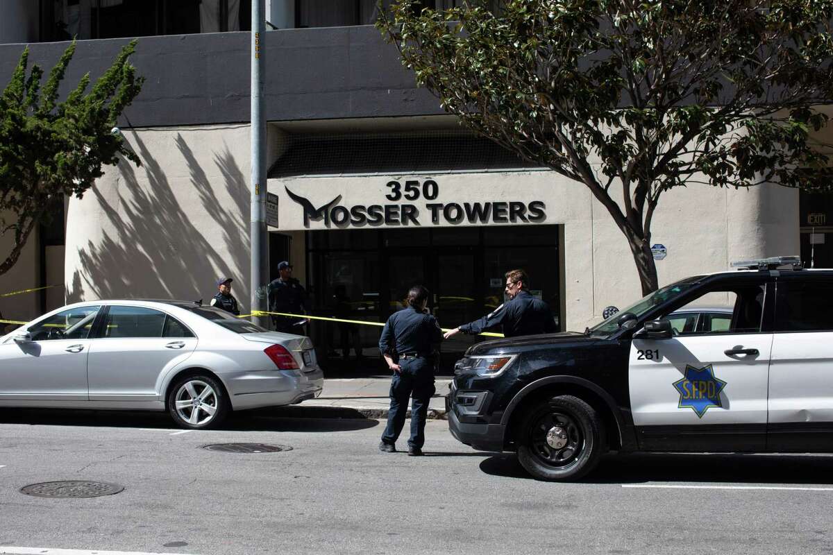 San Francisco police officers respond to the shooting of a man outside 350 Turk St.