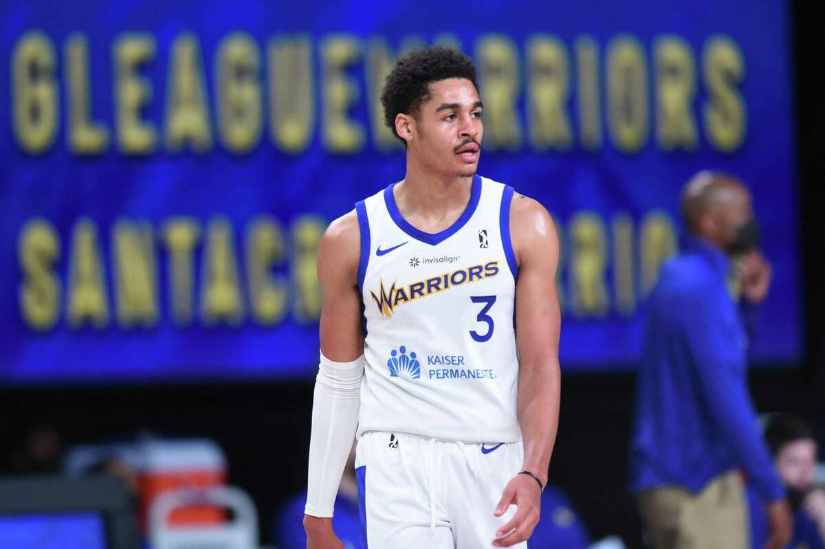 ORLANDO, FL - FEBRUARY 15: Santa Cruz Warriors guard Jordan Poole on February 15, 2021 at AdventHealth Arena in Orlando, Florida. NOTE TO USER: User expressly acknowledges and agrees that, by downloading and/or using this Photograph, user is consenting to the terms and conditions of the Getty Images License Agreement. Mandatory Copyright Notice: Copyright 2021 NBAE (Photo by Juan Ocampo/NBAE via Getty Images)