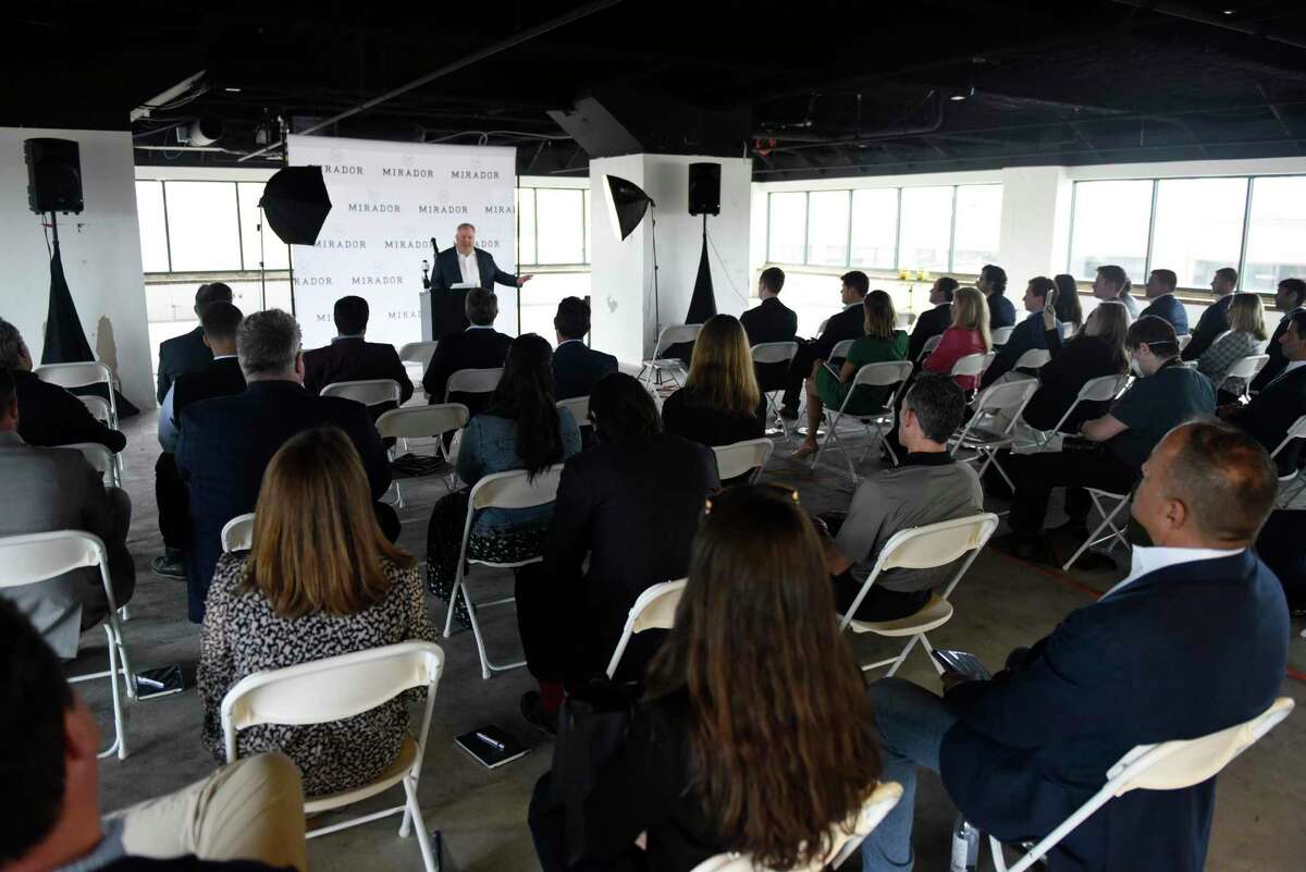 Joseph Larizza, founder and managing partner of financial services firm Mirador, speaks at a press conference at Mirador’s future headquarters at 850 Canal St., in Stamford, on Monday, April 25, 2022. Mirador is planning to add about 250 jobs in the state in the next three years.