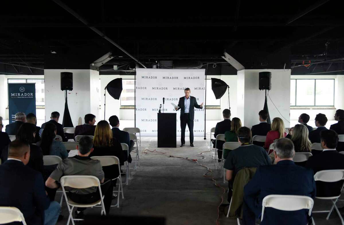 AdvanceCT CEO Peter Denious speaks at a press conference at the future headquarters of Mirador at 850 Canal St., in Stamford, Conn., on Monday, April 25, 2022.