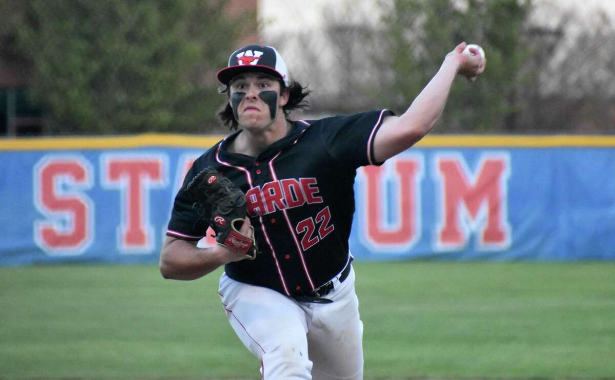 Fairfield Warde's Zach Broderick pitches during a baseball game between Fairfield Warde and Westhill at Cubeta Stadium., Stamford on Friday April 29, 2022.