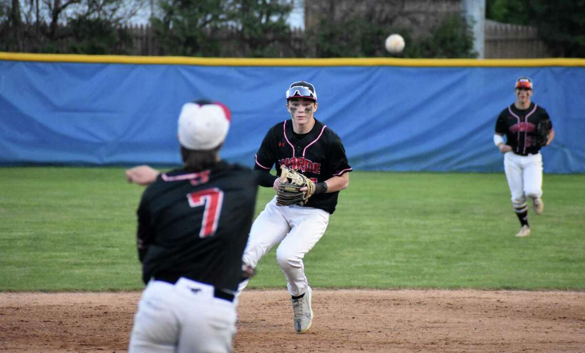 Fairfield Warde's Paddy Galvin throws to second baseman Jack Andrews during a baseball game between Fairfield Warde and Westhill at Cubeta Stadium., Stamford on Friday April 29, 2022.