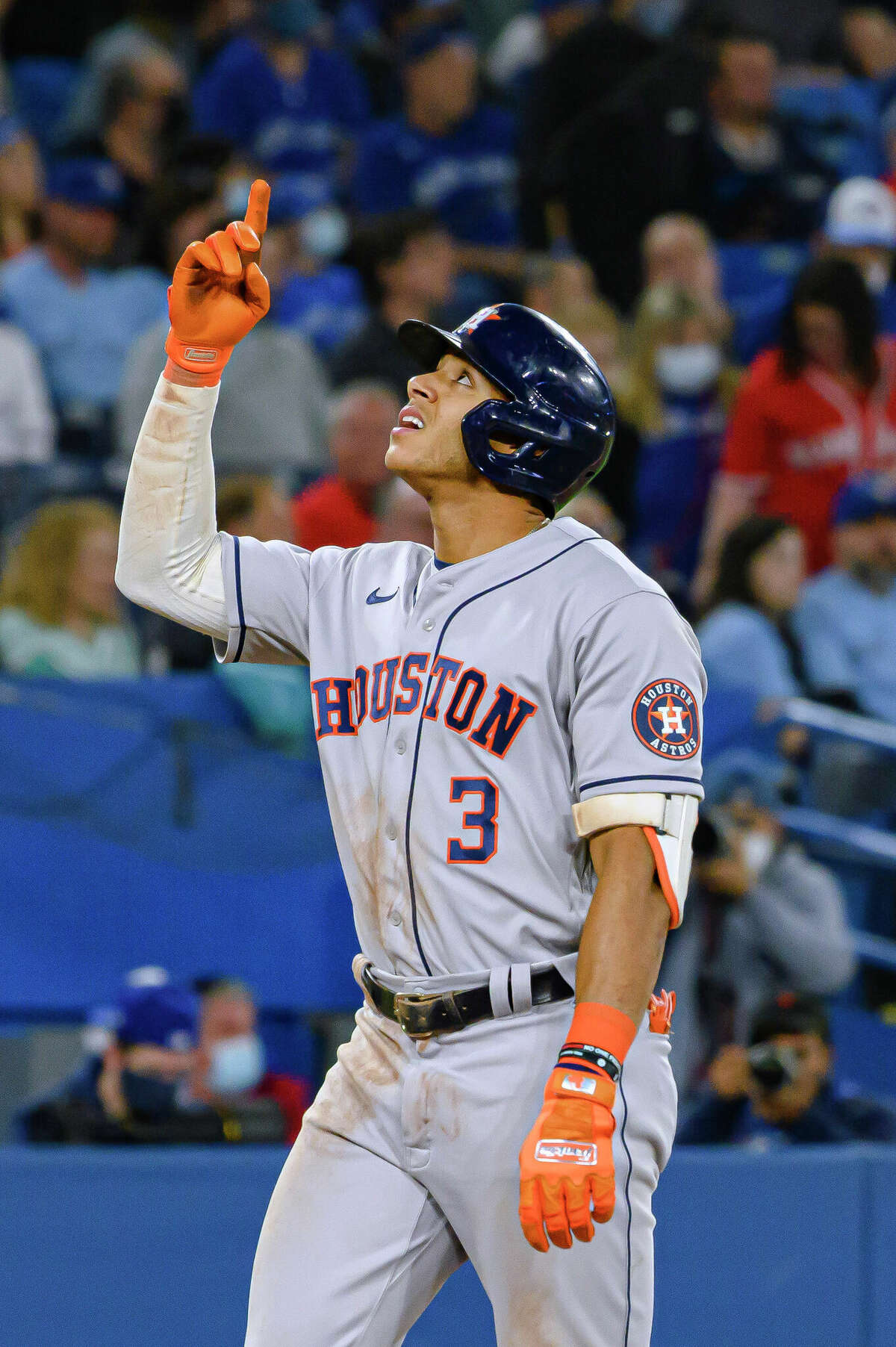 Houston Astros shortstop Jeremy Pena (3) celebrates after hitting a home run during the sixth inning of a baseball game against the Toronto Blue Jays on Friday, April 29, 2022, in Toronto. (Christopher Katsarov/The Canadian Press via AP)