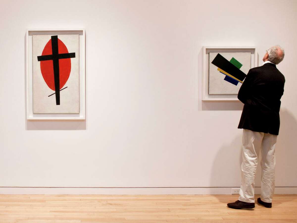 Artist Kazimir Malevich’s paintings on exhibit at the Gagosian Gallery in 2011. Works on display at the New York MOMA say he’s “Russian, born Ukraine.”