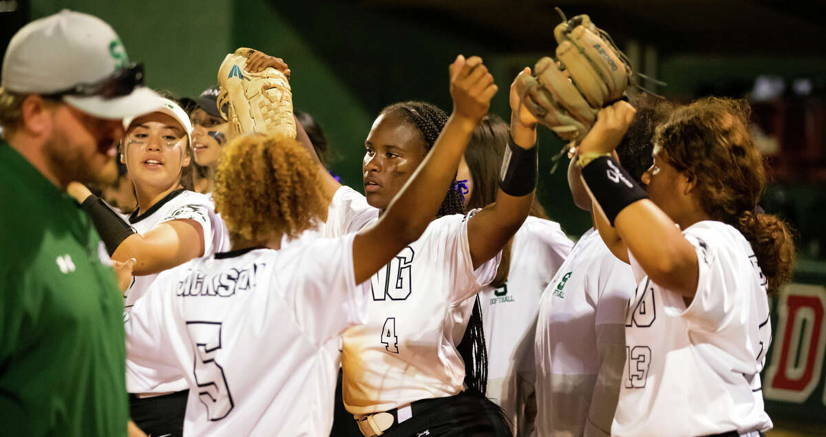 Spring outfielder Kaeden Bell celebrates with her team after defeating The Woodlands 7-5 in a Region II-6A bi-district softball playoff game Friday, Apr 29, 2022, in The Woodlands.