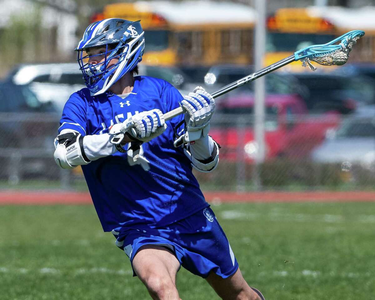 LaSalle midfielder Louis Zalucky takes a shot during a game against Bethlehem at Bethlehem High School on Saturday, April 30, 2022. (Jim Franco/Special to the Times Union)