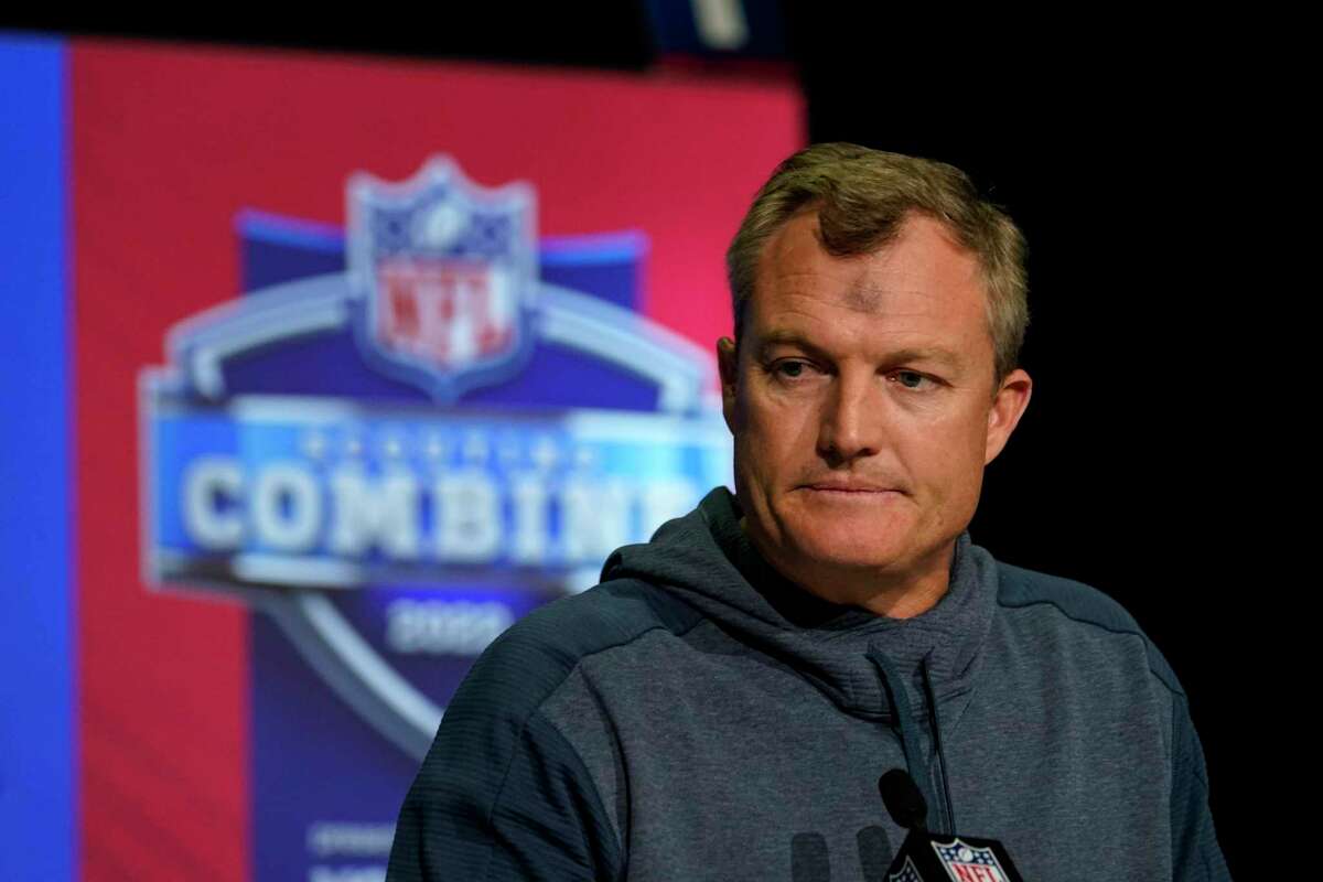 San Francisco 49ers general manager John Lynch speaks during a press conference at the NFL football scouting combine in Indianapolis, Wednesday, March 2, 2022. (AP Photo/Michael Conroy)