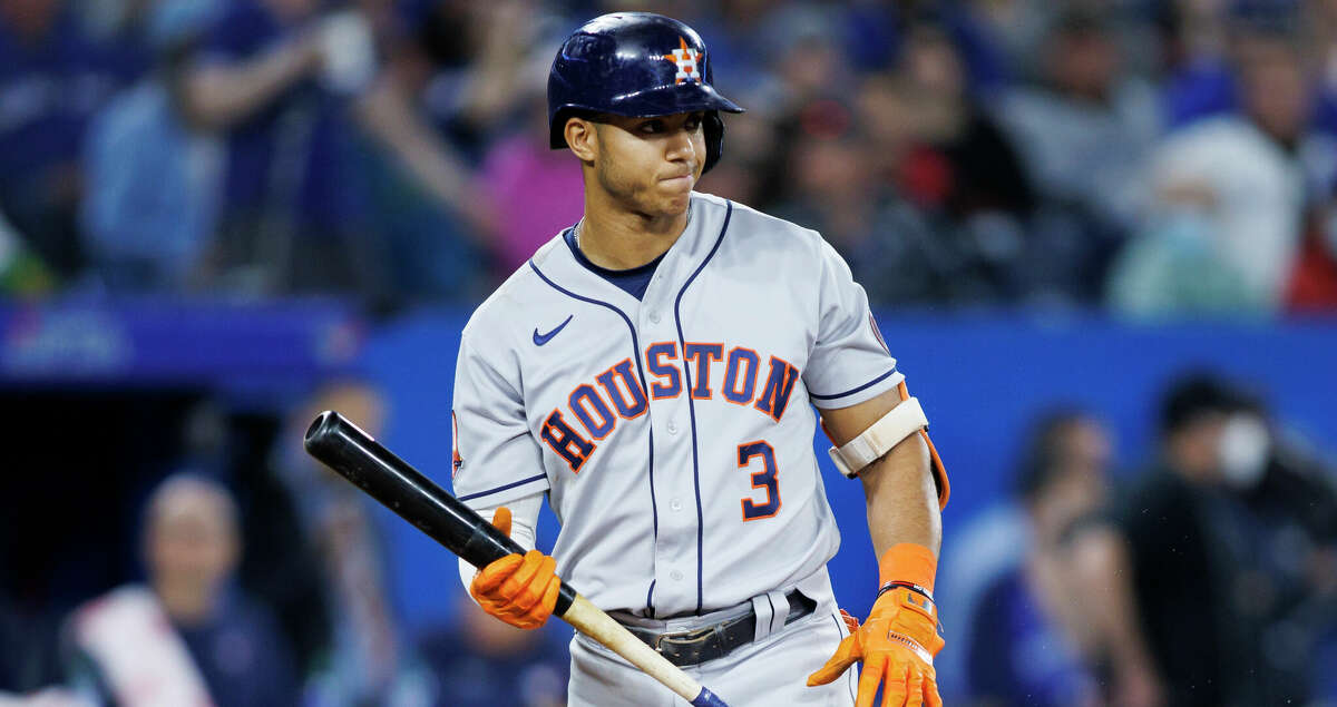Jeremy Pena #3 of the Houston Astros pauses at bat in the sixth inning of their MLB game before reaching first on a fielding error from Bo Bichette #11 of the Toronto Blue Jays at Rogers Centre on April 30, 2022 in Toronto, Canada. (Photo by Cole Burston/Getty Images)