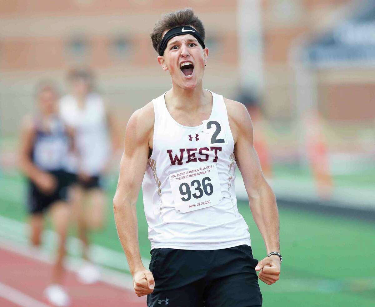 Owen Maxwell reacts after finishing second in the Class 5A boys 1,600-meter run during the Region III track and field championships at Turner Stadium, Saturday, April 30, 2022, in Humble.